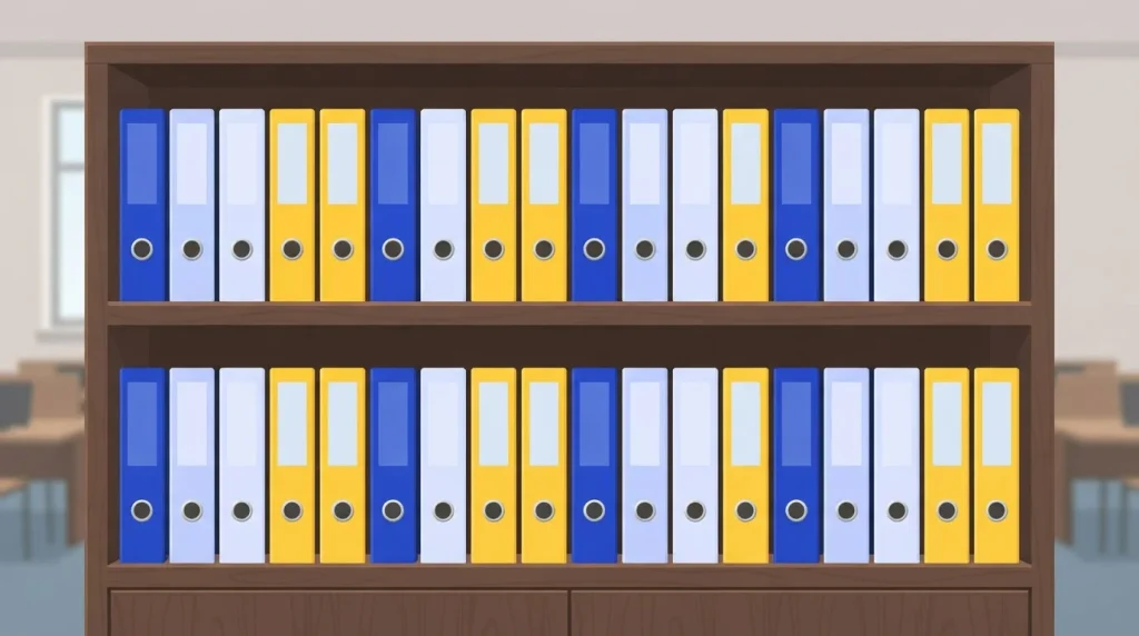 Geordnete Archivordner in einem Regal mit farbigen Rücken und Beschriftungsfeldern.