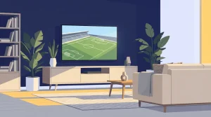 Fernseher vor einem Sofa mit einer grünen Spielfeldfläche im Bild.